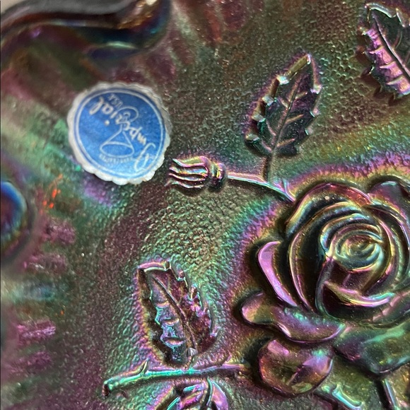 MCM Imperial Glass Roses Carnival Glass Bowl Original Sticker Excellent - Picture 13 of 13
